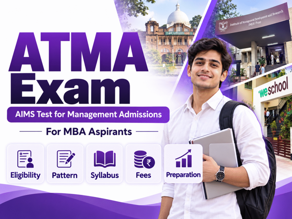 ATMA exam eligibility pattern syllabus fees and preparation guide for MBA aspirants with management college campuses in the background